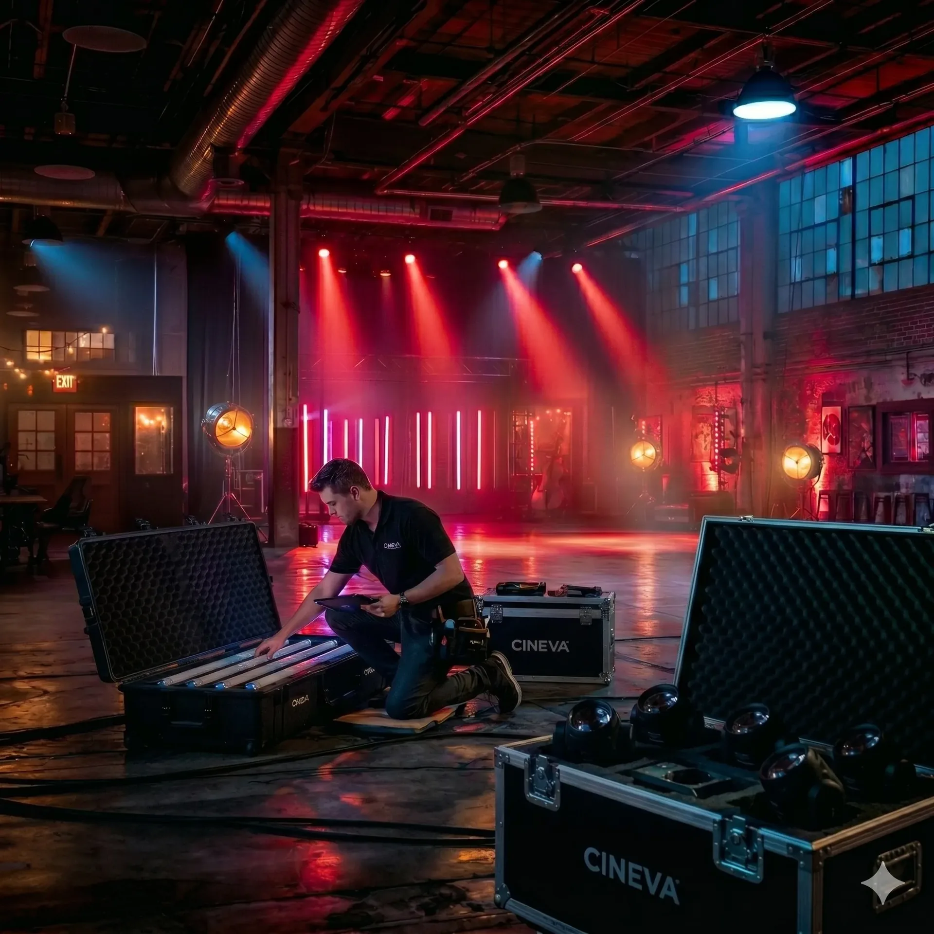 Moving lights and effects fixtures on set