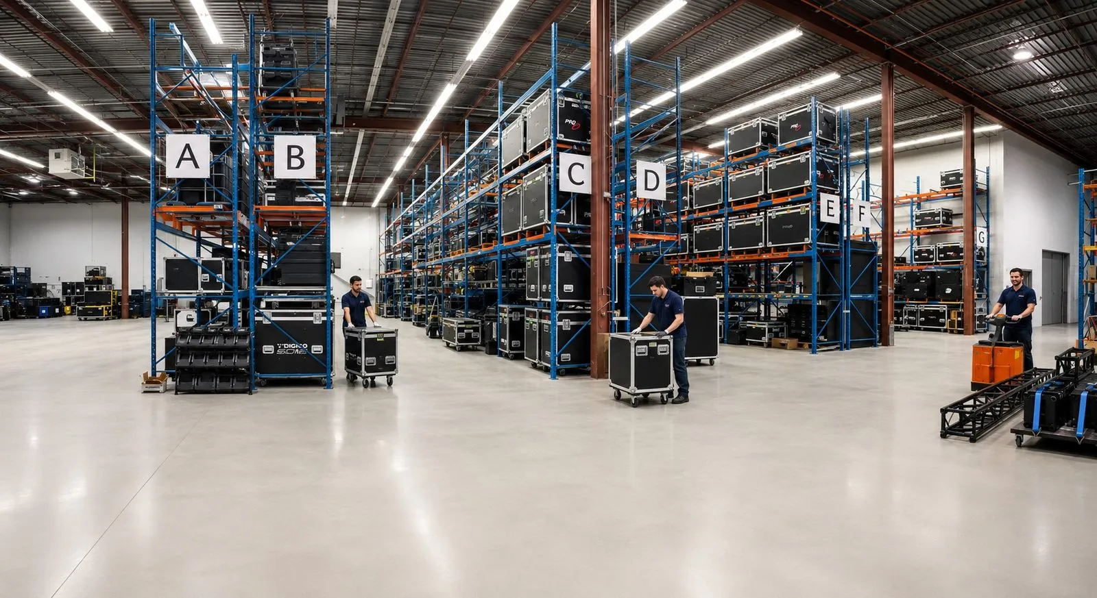 Inside the Cineva warehouse in Pickering, ON, racked road cases and crew prepping orders