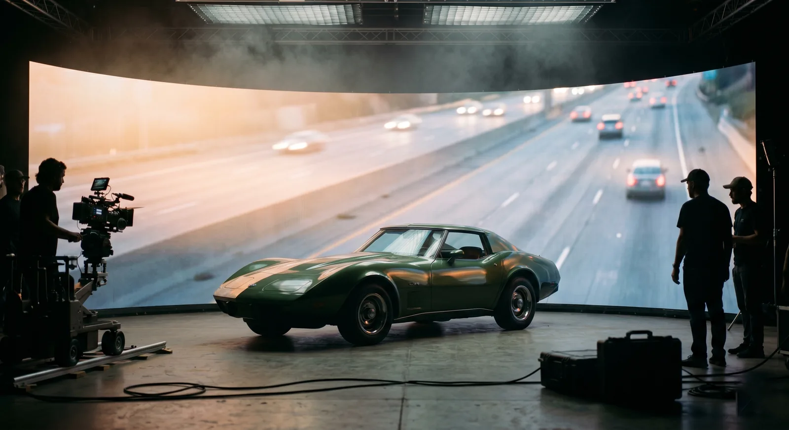 A car on stage in front of an LED wall playing a moving driving plate