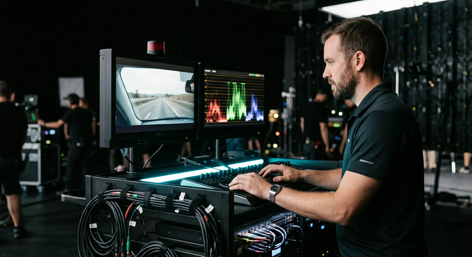 A playback operator at a cart with colour-calibrated monitors