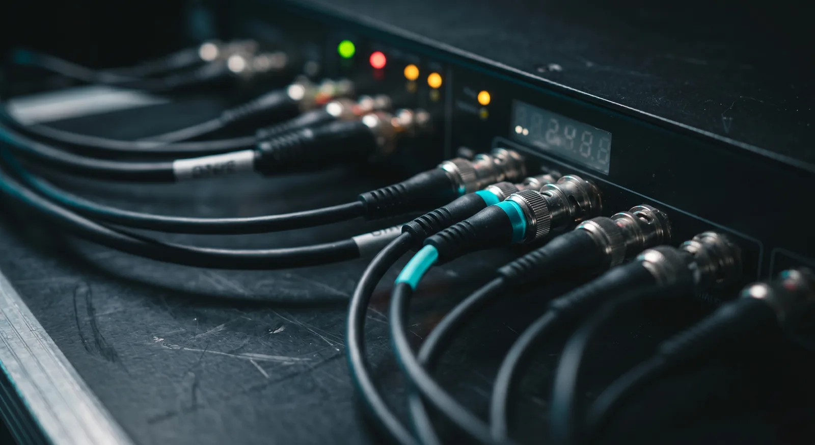 Close-up of timecode and genlock cabling keeping the plate in sync