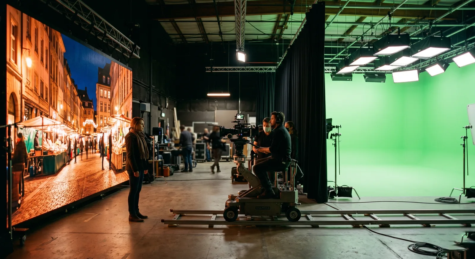 An actor lit by an LED volume on one side of a stage and a green screen cyclorama on the other