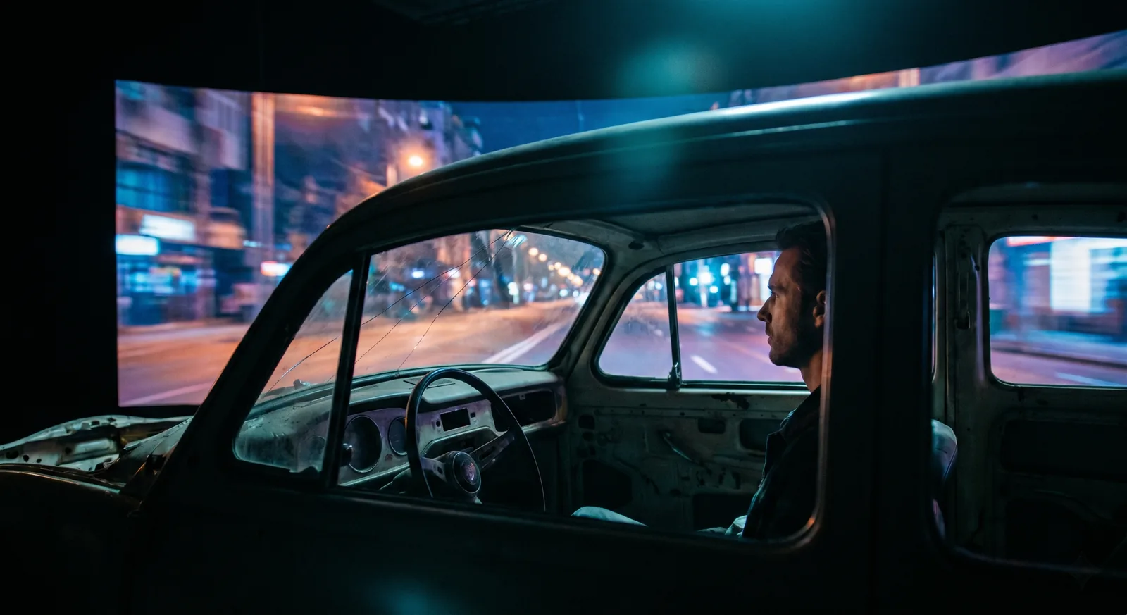 A driving shot inside a car body on stage, the LED volume filling every window with a moving plate