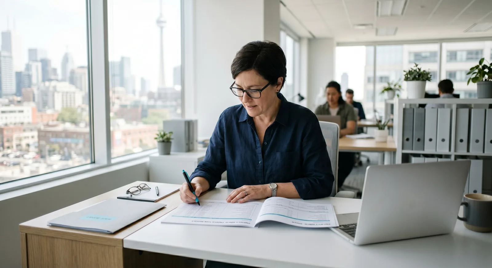 A line producer reviewing a production budget at a desk in a bright modern office