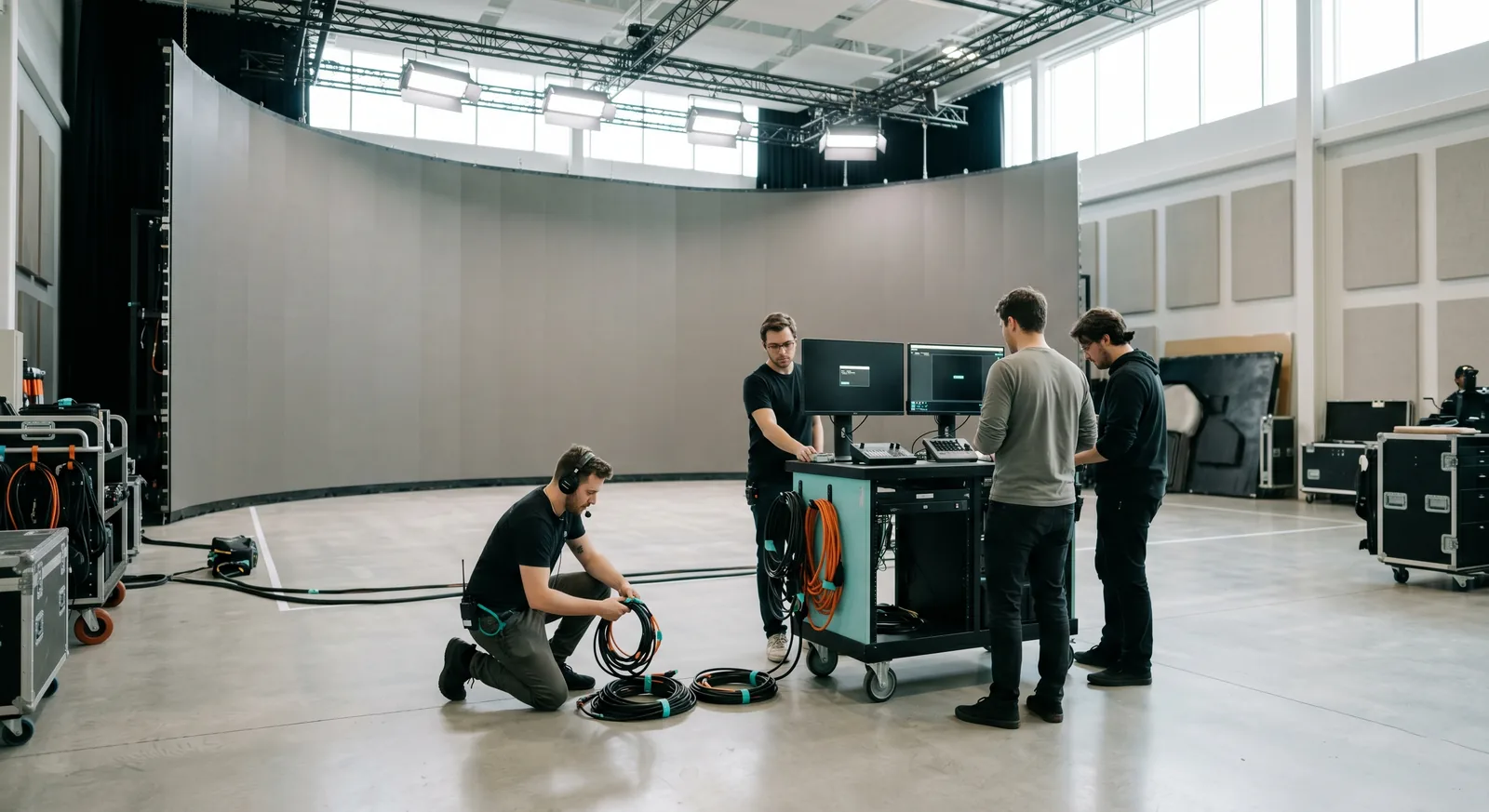 A clean LED volume stage being prepped under bright work light in a Toronto facility