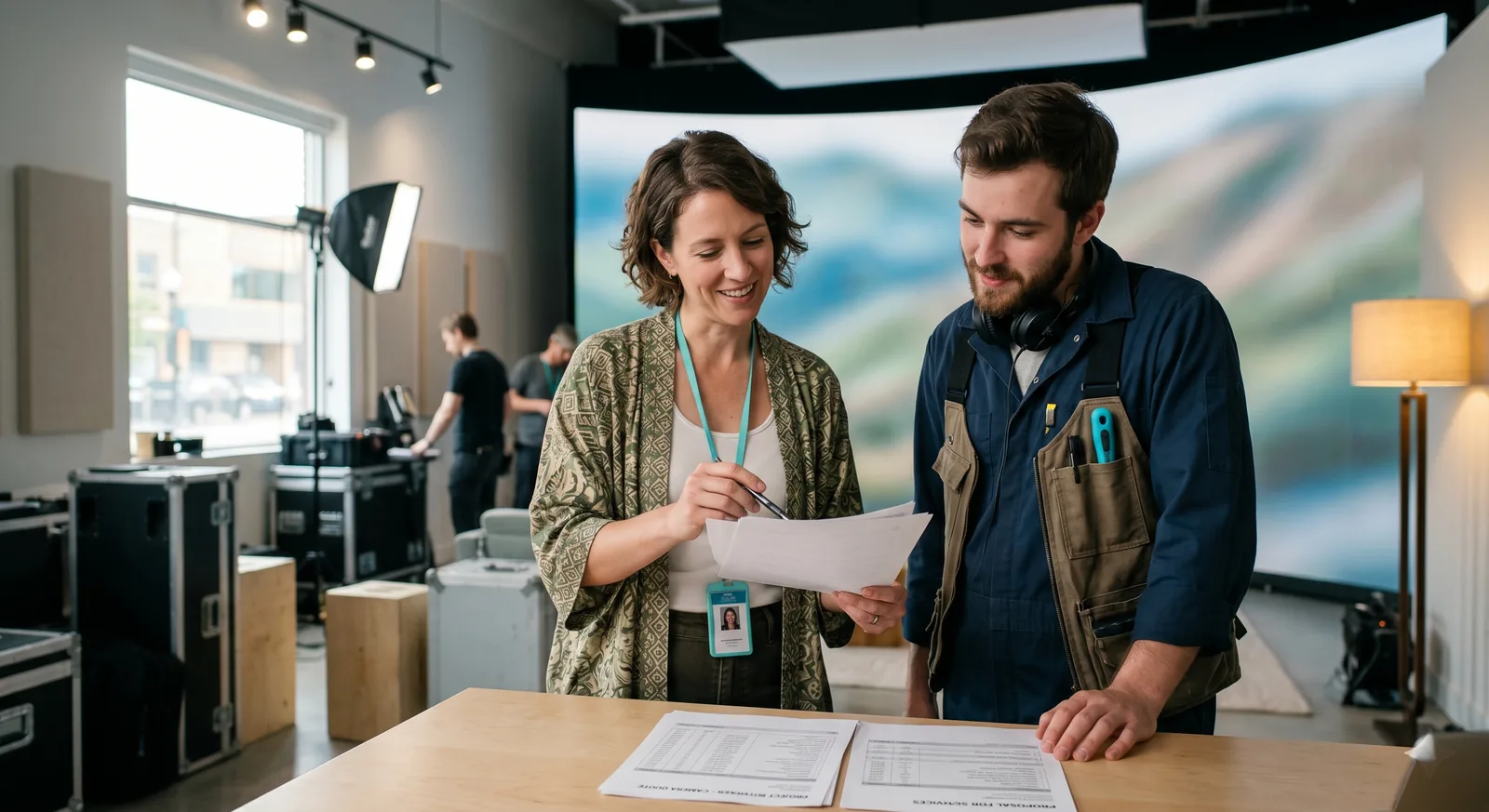 A producer and a Cineva crew member reviewing a printed quote on a bright soundstage