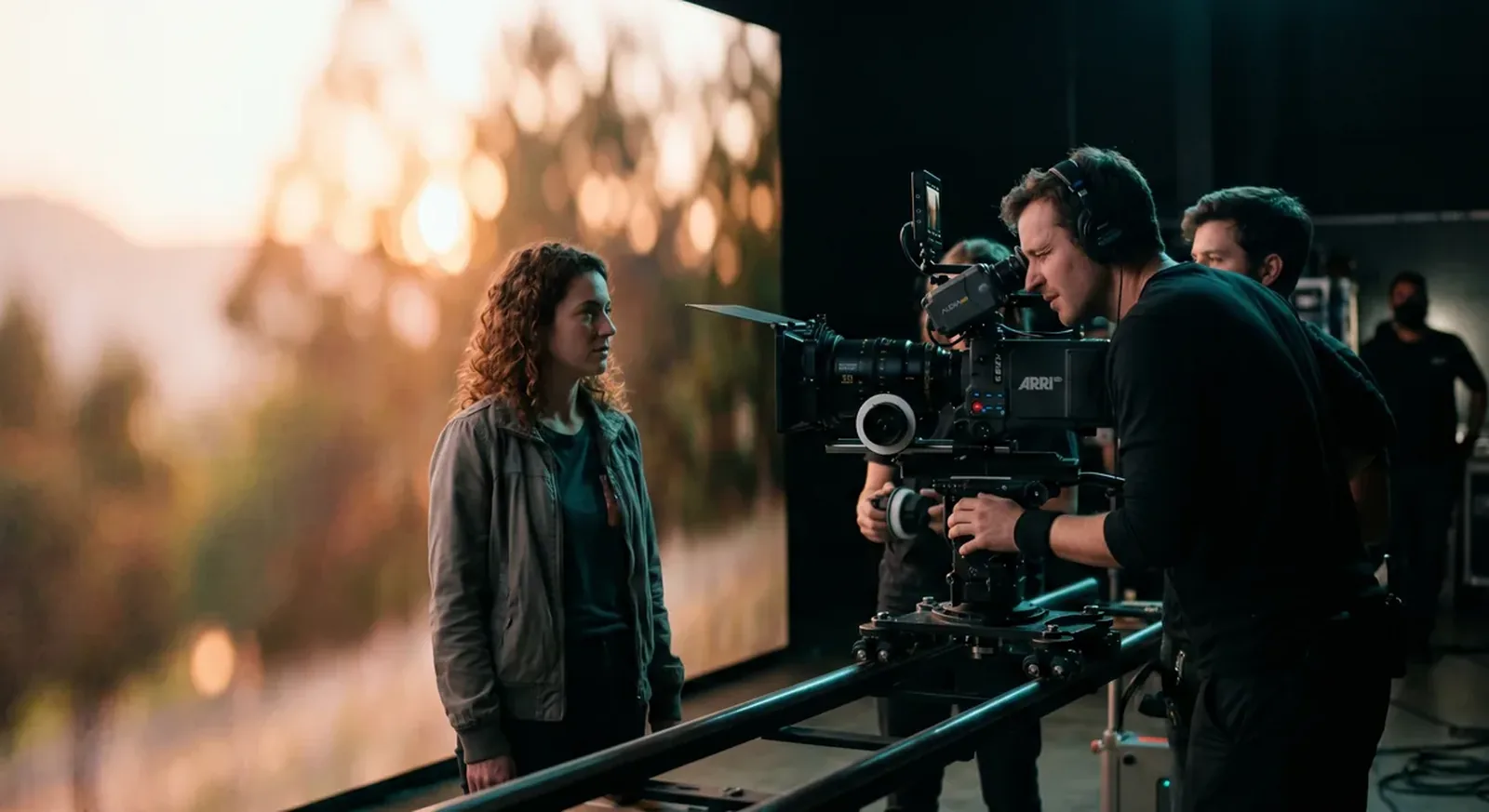 A cinema camera framing a subject close to a lit LED wall on a soundstage