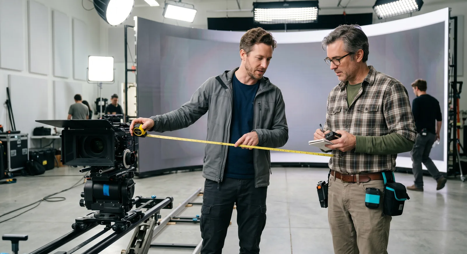 A supervisor and DP measuring camera-to-wall distance on a bright soundstage during a walkthrough