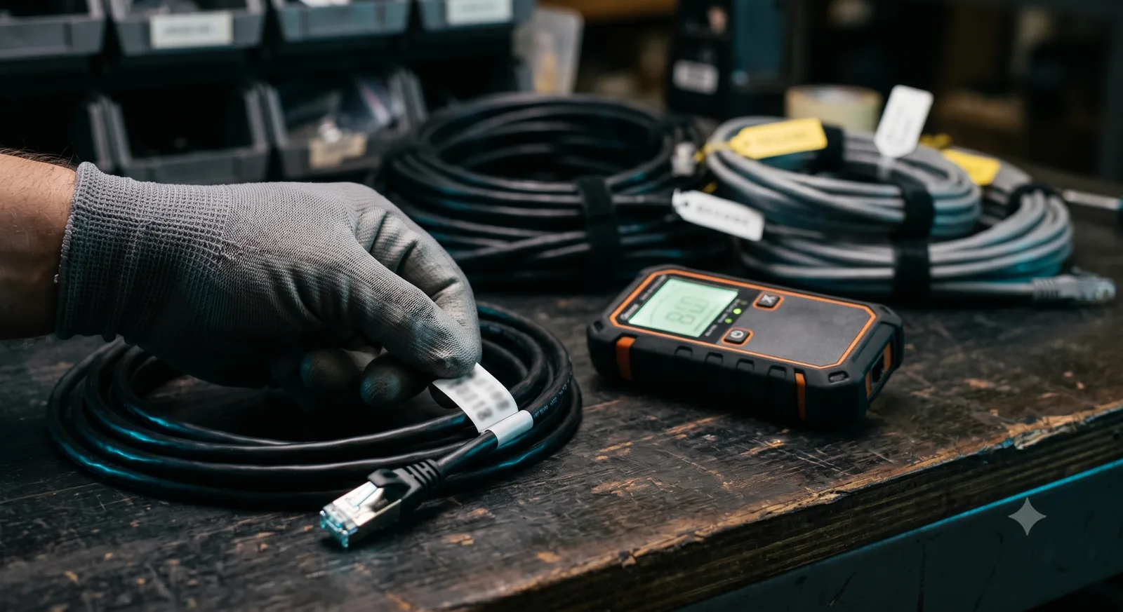 A technician tagging a coiled data cable by length beside a continuity tester