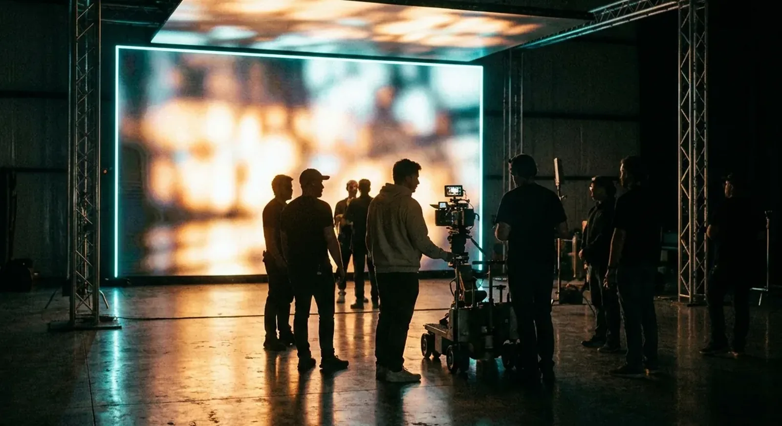An LED volume in motion on a soundstage, the wall the only light source on the actors