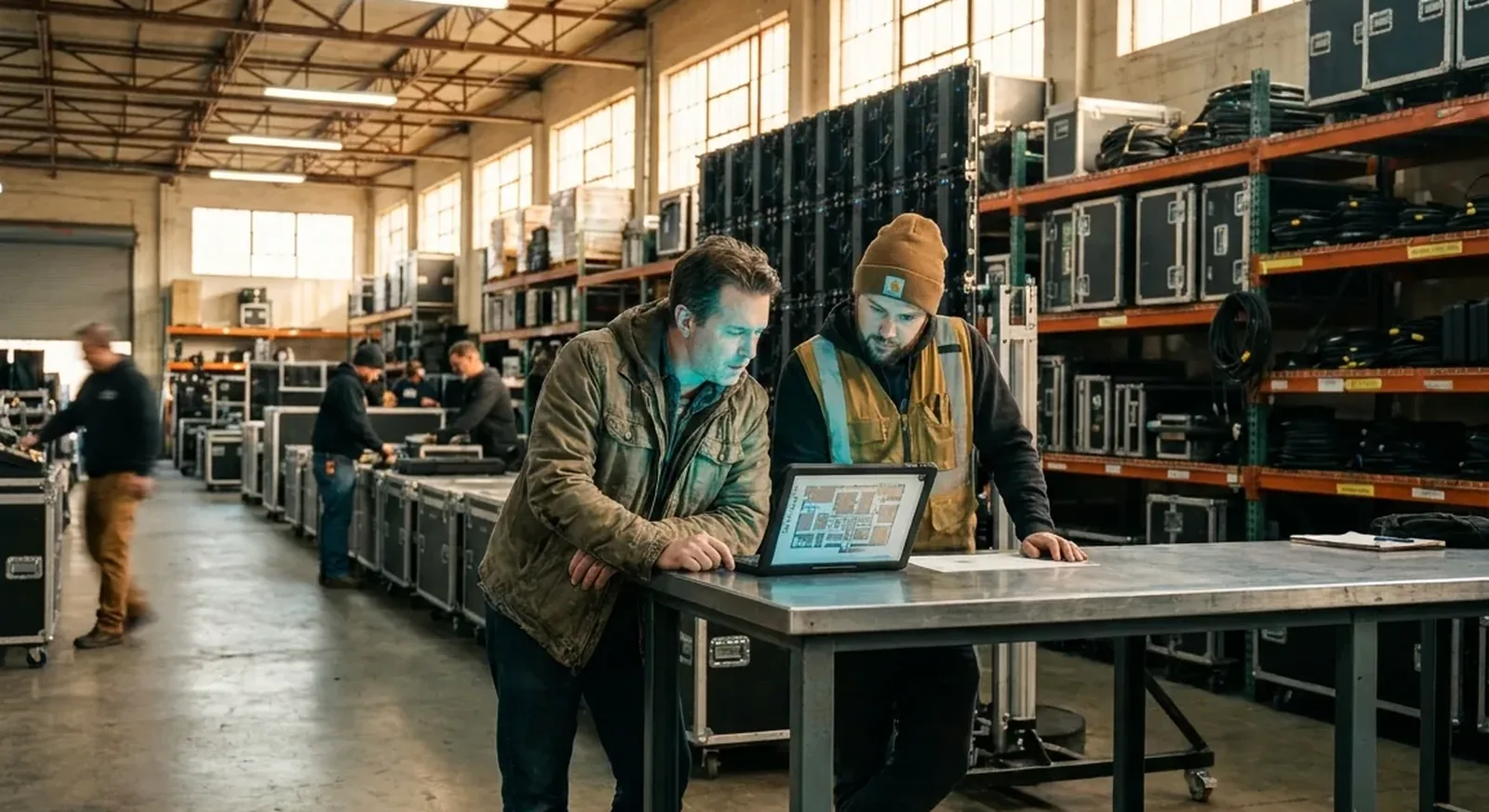A producer and a Cineva crew lead reviewing a volume floor plan on a tablet in a bright prep facility