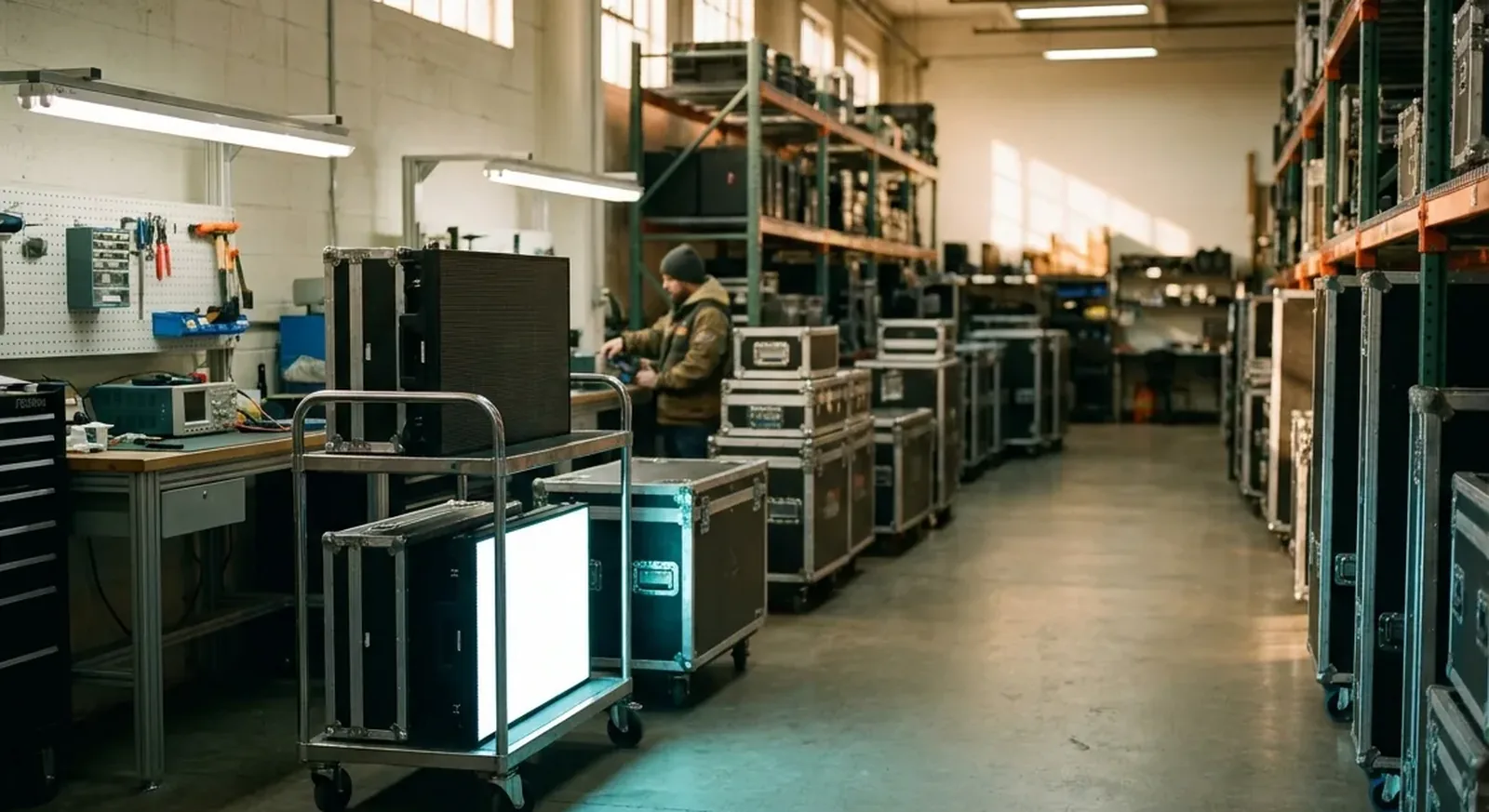 Cased LED panels staged on carts beside a calibration bench in a bright modern warehouse