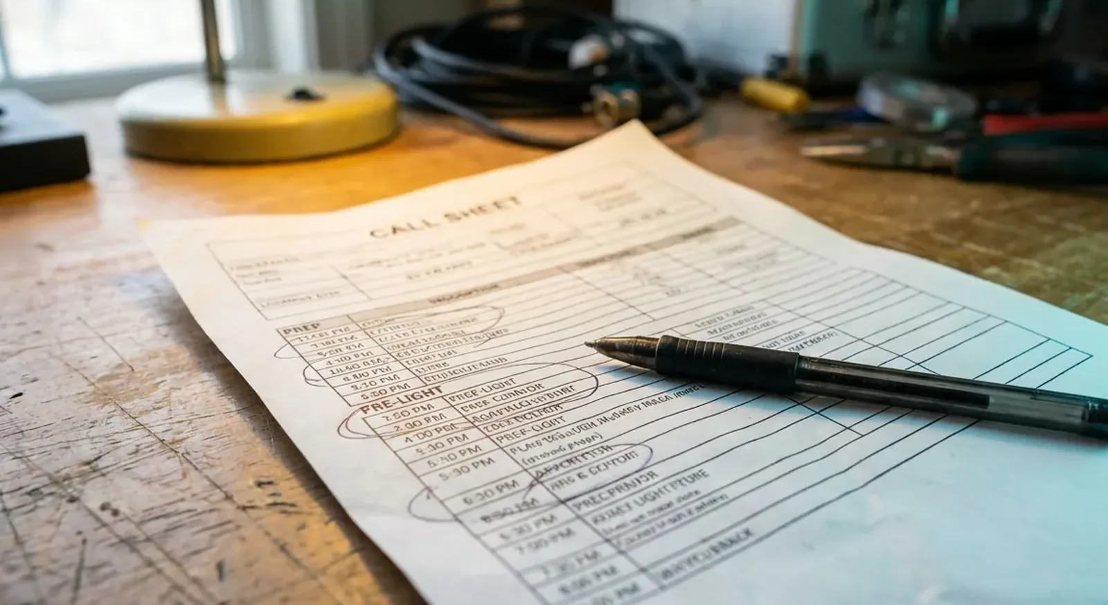 Close detail of a printed shooting schedule and call sheet marked up with prep and pre-light dates